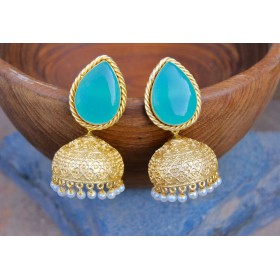 Aqua Chalcedony Paan Semi-precious 18K Gold Plated Jhumka Earrings 